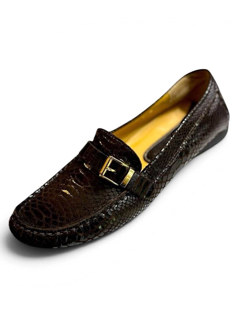 Van Eli Brown Leather Driving Loafers Size 7 Snakeskin Embossed Gold Buckle Flat